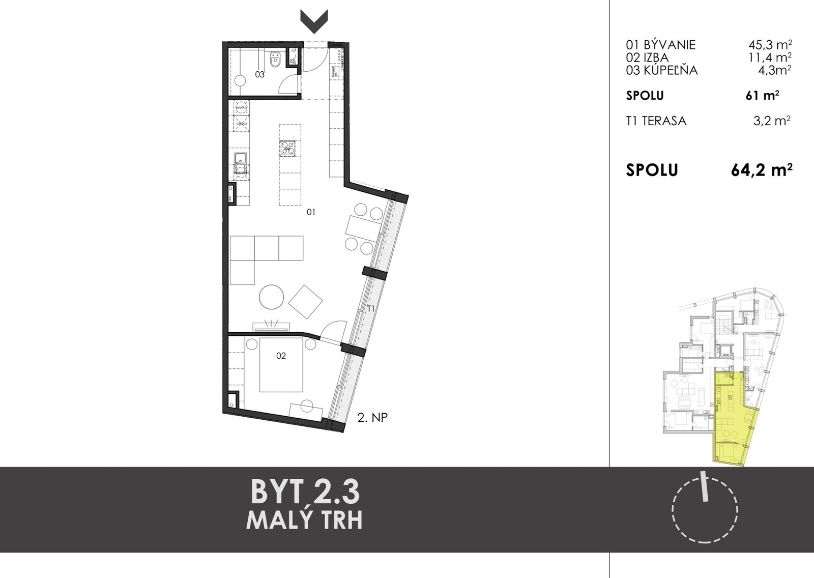 Pôdorys bytu 2.3 v projekte Malý Trh